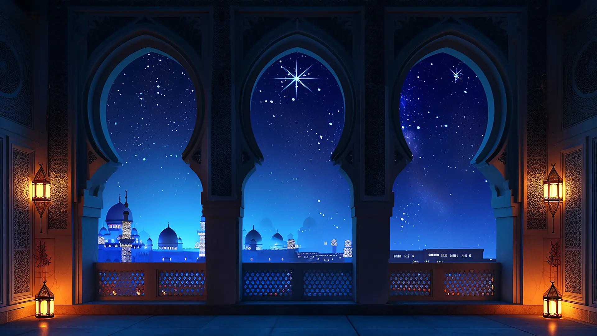 Night view through ornate palace arches in Alladin